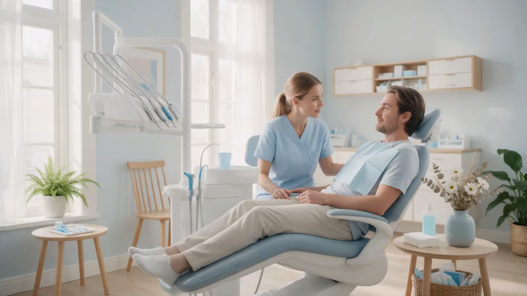 Tandläkare som lugnar en patient