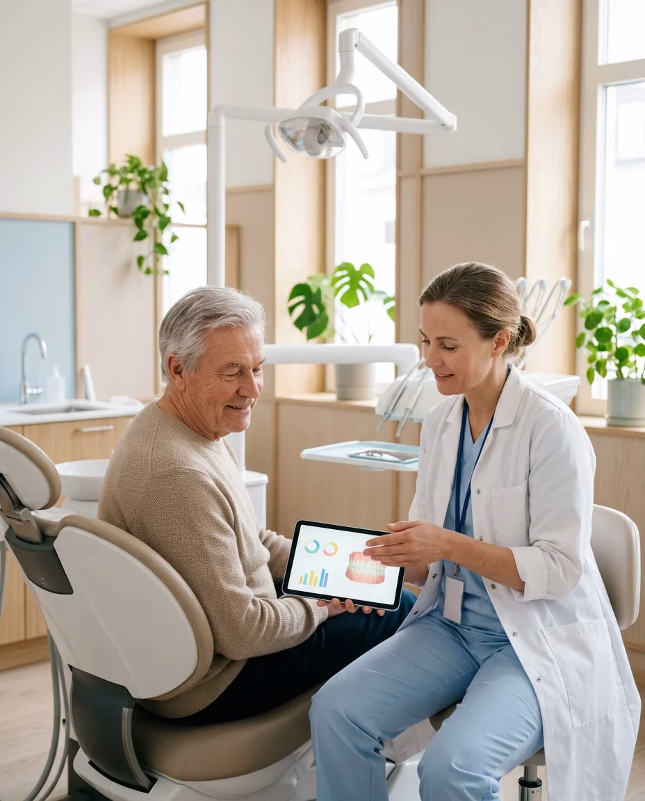 Tandläkare går igenom en behandlingsplan med en äldre patient