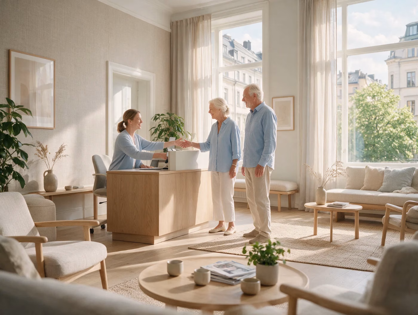 Äldre par välkomnas i receptionen hos StureDental